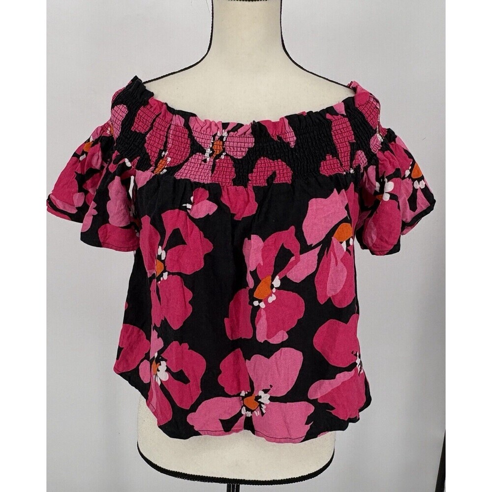 WHO WHAT WEAR Womens Off Shoulder Floral Smocked Crop Top XS Pink Black‎ - Picture 2 of 10